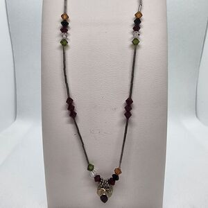 Silver & Multicolored Crystal Beaded Necklace & Silver & Garnet Heart Pendant